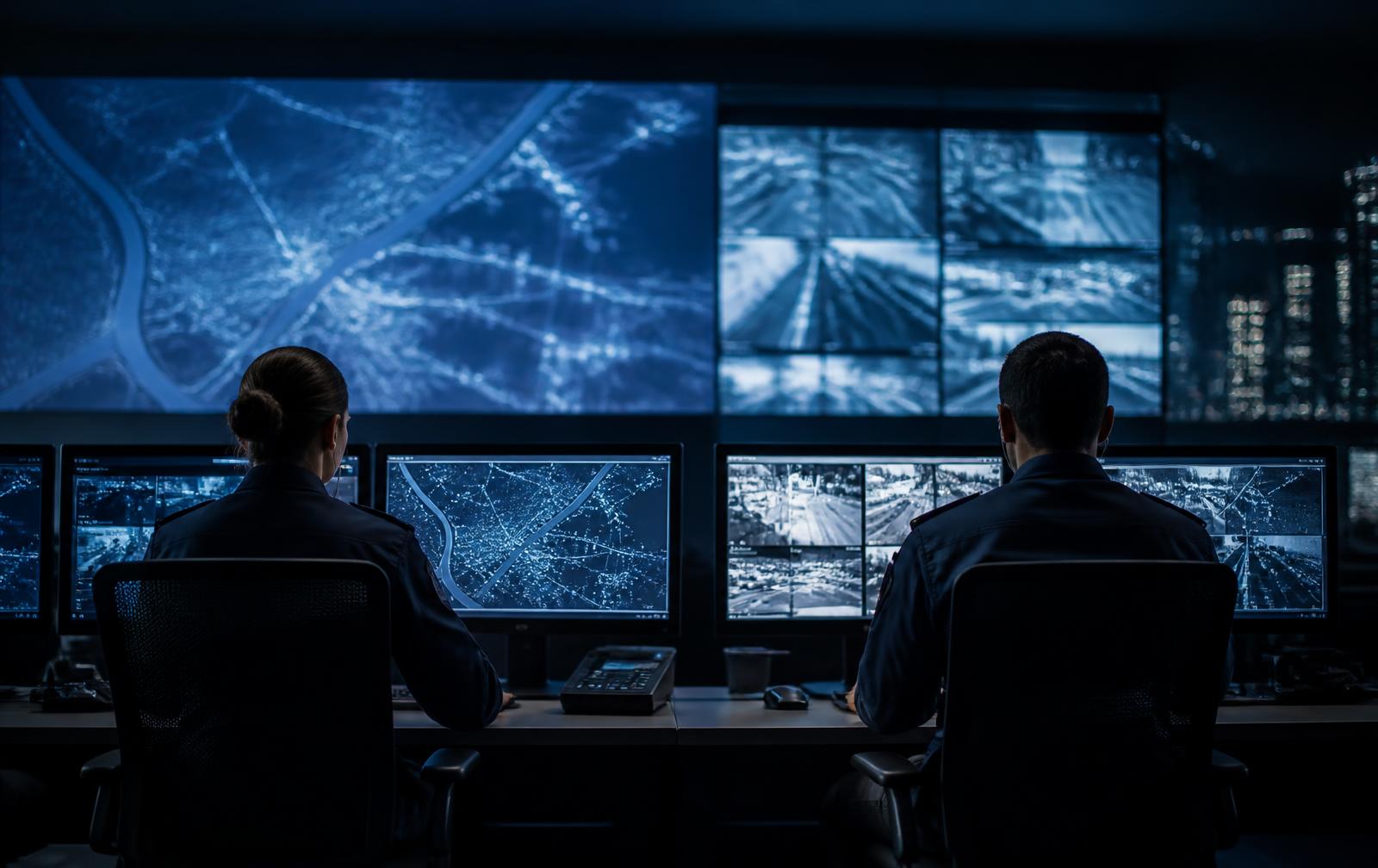 Security operations centre with officers monitoring live site coverage