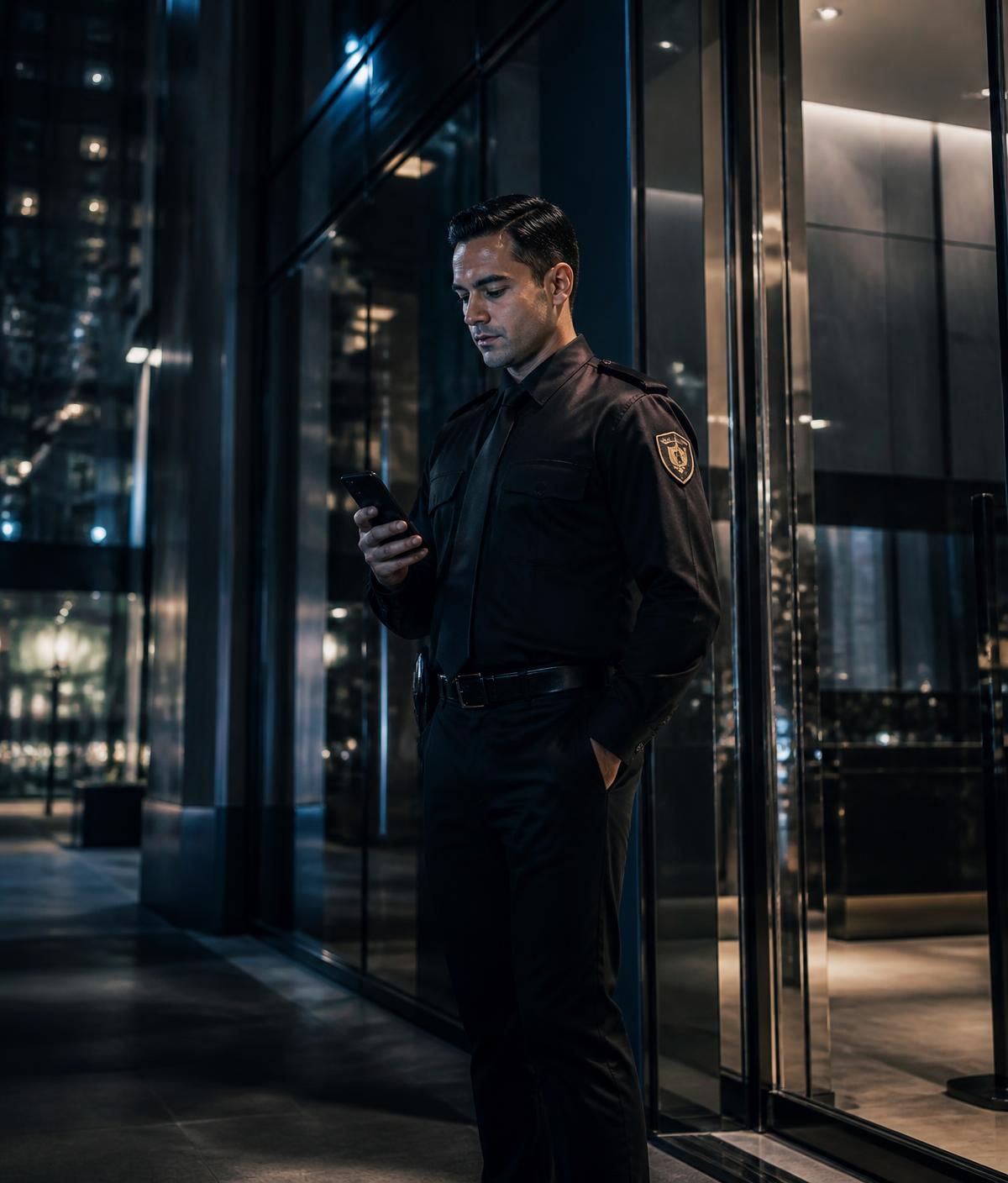 Security officer checking their shift on the Bastrion mobile app at night